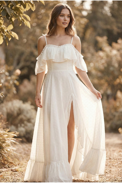 Lady Lydian Beyaz Bohem Fırfırlı Uzun Elbise - Baby Shower Elbisesi