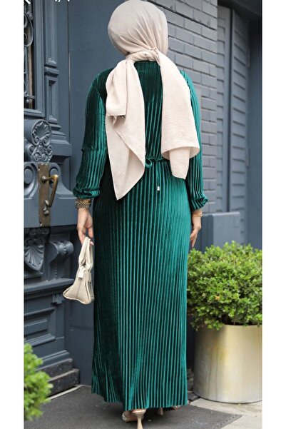 Neva Style Σμαραγδένιο Πράσινο Βελούδινο Πλισέ Μουσουλμανικό Φόρεμα - 22751ZY