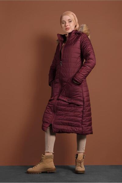 TRENDTESETTÜR Women's Claret Red Large Pocket Detailed Hooded Puffer Jacket T 1206