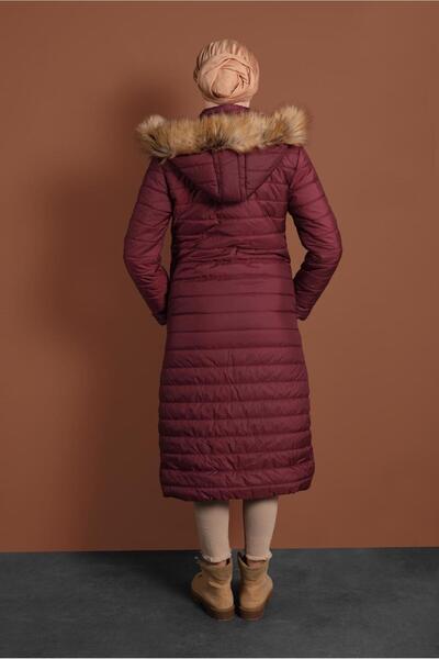 TRENDTESETTÜR Women's Claret Red Large Pocket Detailed Hooded Puffer Jacket T 1206