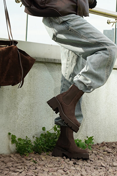 Marjin Γυναικείες μπότες με χοντρό τακούνι με φερμουάρ ελαστικές καφέ μπότες καθημερινής χρήσης Fenros Brown Suede