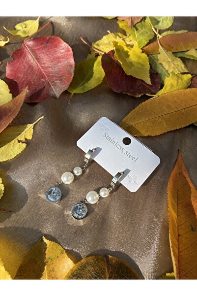 IronMoon Gümüş Renk İnci Taşlı Sallanan Çelik Küpe