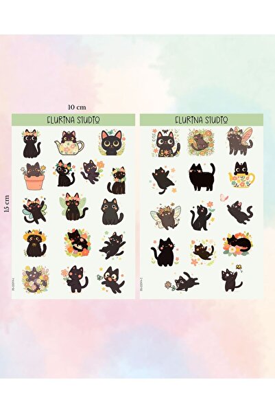 Flurina Studio Kawaii Black Kitty 2 Sayfa Sticker Seti BEYAZ KAĞIT