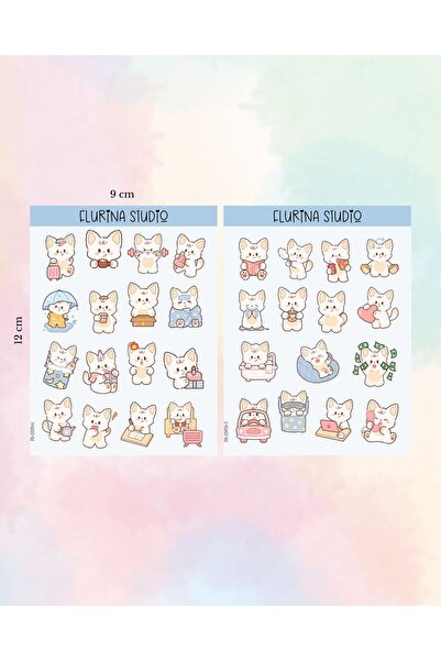 Flurina Studio Cute Fox 2 Sayfa Sticker Seti BEYAZ KAĞIT