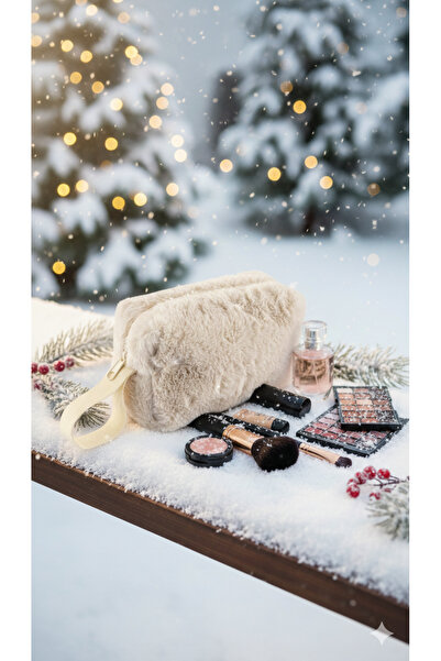 NS reliable NS Soft Charm Makyaj Çantası Peluş Günlük Makyaj Çantası Kompakt Tasarım-16x10x6,50 cm Krem