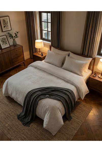 CAQQA White Striped Natural Cotton Double Duvet Cover Set