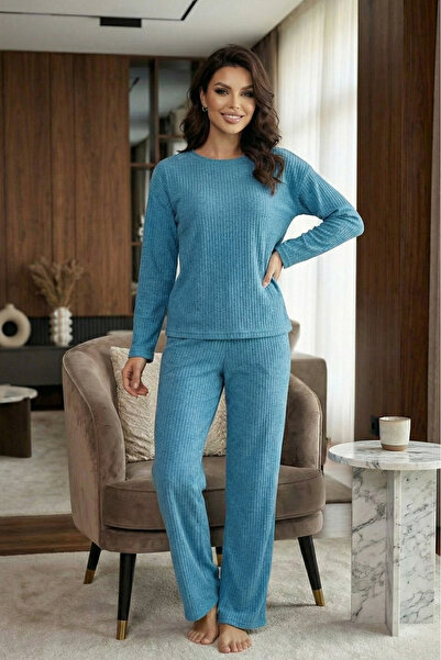 Farya Home Set pijama din bumbac gros, de iarnă, cu dungi interlock și mâneci lungi