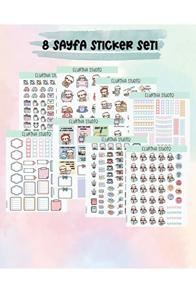 Flurina Studio Sloth Journaling 8 Sayfa Sticker Seti BEYAZ KAĞIT