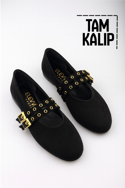 moon glow Siyah Süet Renk Zımbalı Çift Tokalı Kadın Babet | Günlük Rahat Düz Taban Mary Jane Ayakkabı Moda