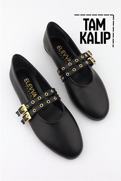 moon glow Siyah Zımbalı Çift Tokalı Kadın Babet | Günlük Rahat Düz Taban Mary Jane Ayakkabı Moda