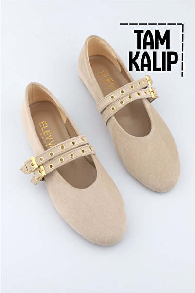 moon glow Γυναικείες μπαλαρίνες σε μπεζ σουέντ χρώμα, με καρφιά και διπλή πόρπη |   Καθημερινά άνετα παπούτσια Mary Jane με επίπεδη σόλα