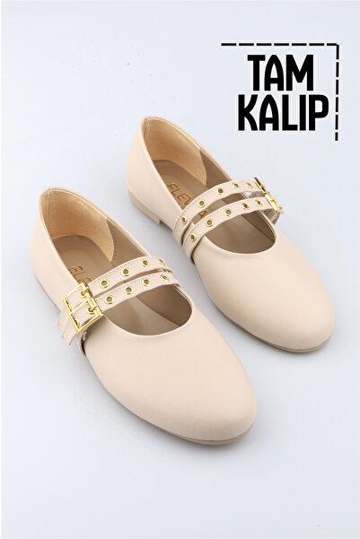 moon glow Bej Krem Renk Zımbalı Çift Tokalı Kadın Babet | Günlük Rahat Düz Ta...