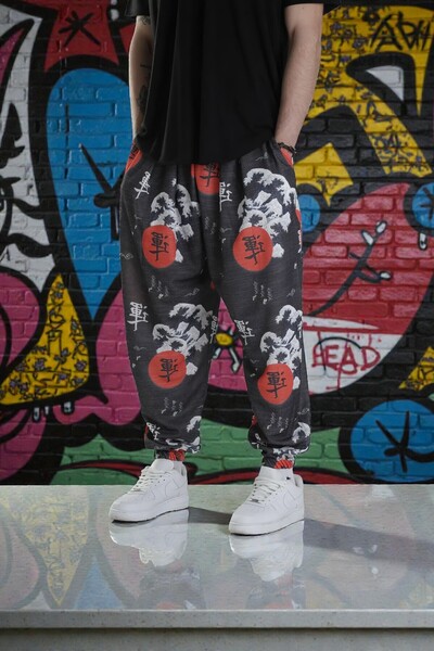 FG KONNİCHİWA JAPANESE YAKUZA Taiyou Unisex Φαρδύ παντελόνι με έθνικ σχέδια, ελαστική μέση και πόδια, τσέπες, χαλαρό hippie bohemian φαρδύ παντελόνι