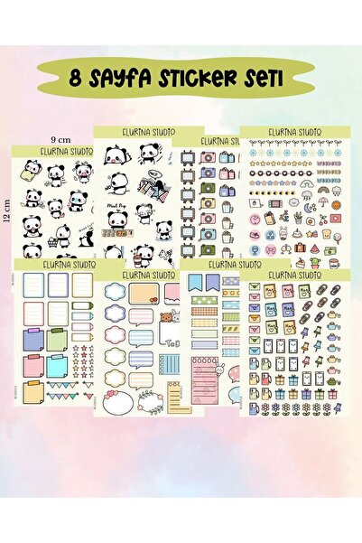 Flurina Studio Kawaii Panda Journaling 8 Sayfa Sticker Seti BEYAZ KAĞIT