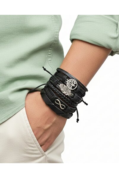 BSN Takı شجرة الحياة إنفينيتي ليف الشكل 6 قطع سوار من الجلد الطبيعي