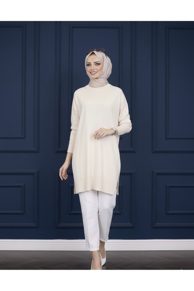 ERLINE Bej Bisiklet Yaka Merserize Salaş Triko Tesettür Tunik