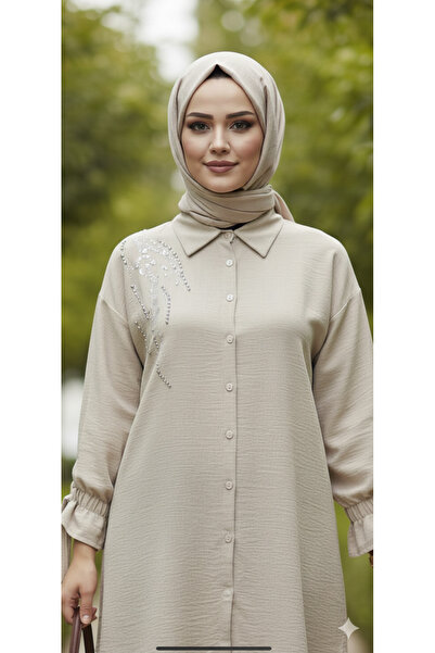 MODA Taş rengi kol bağcık detaylı yaka taşlı tunik