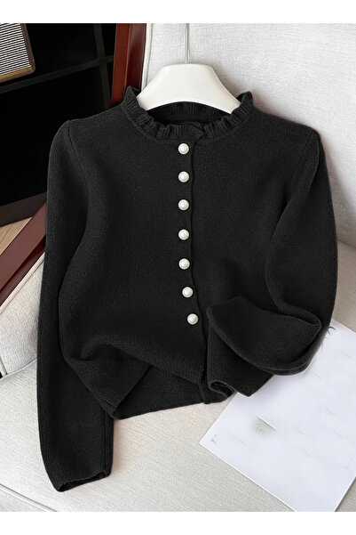 VARENZEA Women's Pearl Soft Fuzzy Black Knitwear Cardigan with Buttons