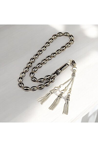 Burhan Sağlam Arpa Kesim 11x7 mm İşlemeli Erzurum Oltu Taşı  Gümüş Püsküllü Tesbih