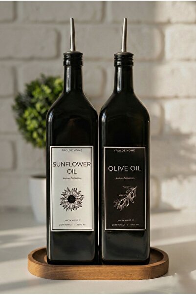 Frolde Ahşap Stantlı 2'li Amber 1000 Ml Cam Ayçiçek Yağı Zeytinyağı Şişesi Ya...