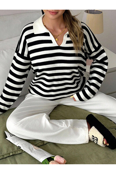 Jose Clothing Kadın Polo Yaka Siyah Beyaz Çizgili Uzun Kollu Triko Kazak