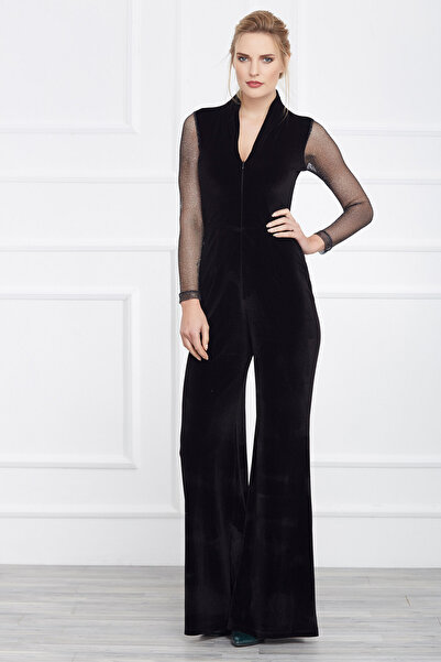 Laranor Women's Black Lurex Metallic Detailed Velvet Jumpsuit 17L6167