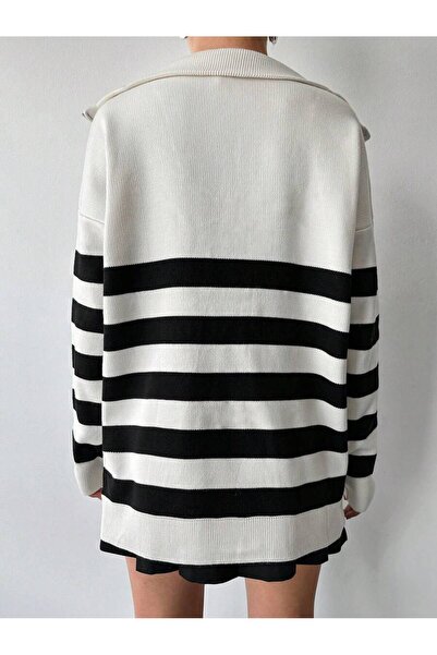 Jose Clothing Pulover de damă, alb, negru, cu dungi oversize, cu fermoar