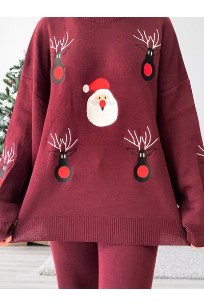 YusGos Women's Long Sleeve New Year Embroidered Crew Neck Knitwear Sweater Pants Set Burgundy Standard