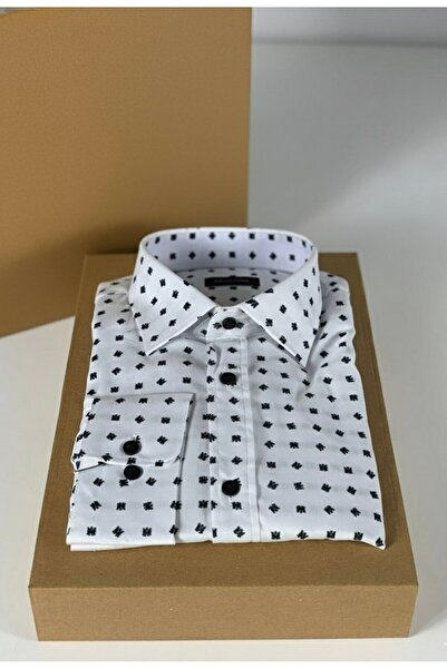 YusGos Men's Regular Fit Regular Collar Long Sleeve Easy Iron Crisp Patterned Premium Cotton Shirt White XL