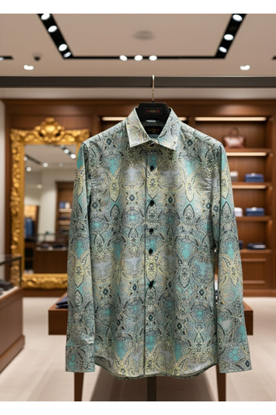 YusGos Long Sleeve Cotton Viscose Easy Iron Shawl Pattern Regular Fit Premium Men's Shirt Green m