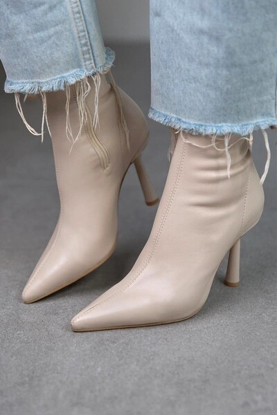 Cochines Μπεζ εκρού ελαστικές μπότες Γυναικείες μπότες με λεπτό τακούνι στιλέτο με φερμουάρ Άνετες καθημερινές μπότες με τακούνι