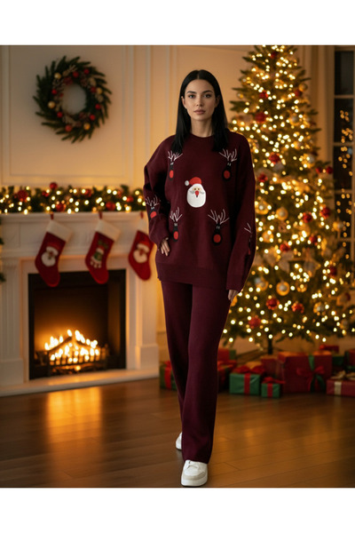 YusGos Women's Long Sleeve New Year Embroidered Crew Neck Knitwear Sweater Pants Set Burgundy Standard