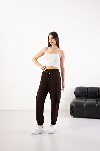 YusGos Women's Soft Textured Modal Fabric Pocket Detailed Elastic Leg Cargo Pants Brown S