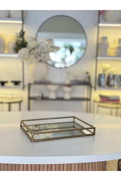 Kübra Özdemir Store Metal Mirrored Tray Tumbled Gold Rectangular Tray