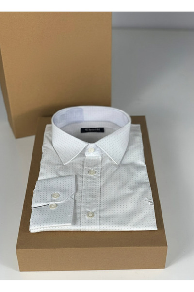 YusGos Long Sleeve Cotton Easy Iron Letter Dot Pattern Regular Fit Premium Men's Shirt White XL