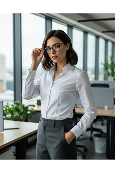 YusGos Women's Long Sleeve Cotton Easy Iron Cotton Satin Regular High Quality Premium Office Shirt White L