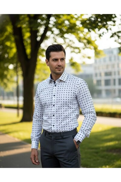 YusGos Men's Regular Fit Regular Collar Long Sleeve Easy Iron Crisp Patterned Premium Cotton Shirt White XL