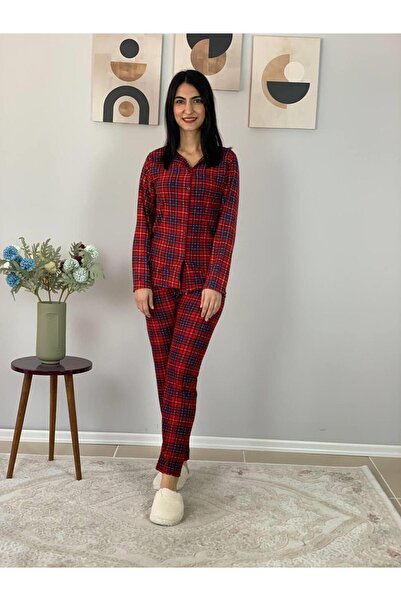 YusGos Women's Plaid Patterned Suede Buttoned Pajama Set (Red) Red m