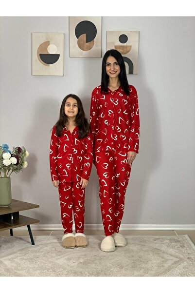YusGos Mother Daughter Matching Outfits Front Button Peter Pan collar 100% Cotton Heart Pattern Pajamas Set (Red) Red 2XL