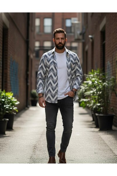 YusGos Long Sleeve Patterned Cotton Easy-Iron Regular Fit Men's Stretch Fabric Winter Shirt White 2XL