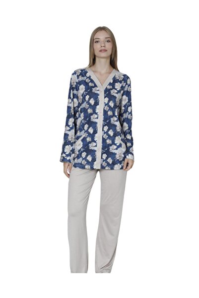 LİMİSSİ Set de pijamale albastru închis cu model din viscoză, 100% bumbac cu ...