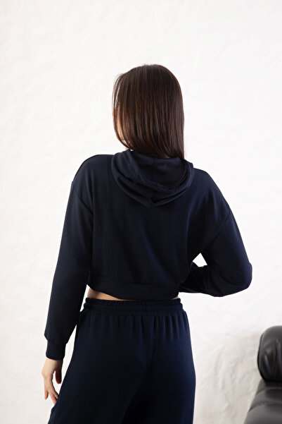 YusGos Women's Long Sleeve Zippered Modal Fabric Pocketed Hooded Crop Navy Blue S