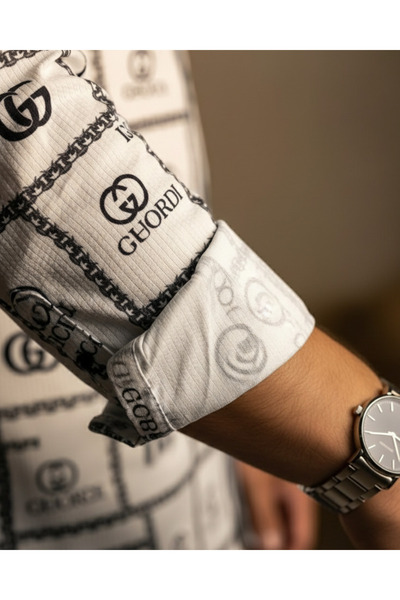 YusGos Long Sleeve Cotton Easy Iron Letter Pattern Regular Fit Stretch Fabric Premium Men's Shirt White