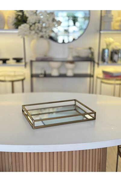 Kübra Özdemir Store Metal Mirrored Tray Tumbled Gold Rectangular Tray