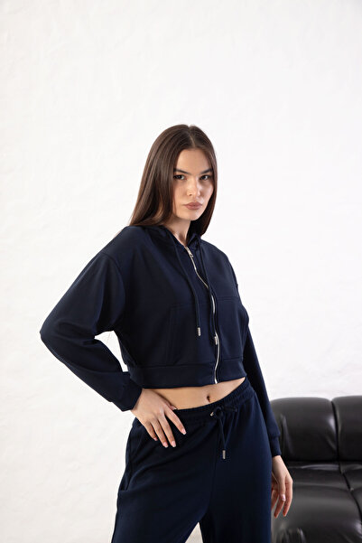 YusGos Women's Long Sleeve Zippered Modal Fabric Pocketed Hooded Crop Navy Blue S