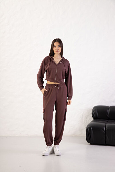 YusGos Women's Soft Textured Modal Fabric Pocket Detailed Elastic Leg Cargo Pants Plum