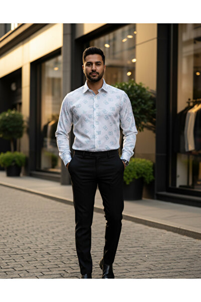 YusGos Long Sleeve Cotton Easy Iron Self Letter Pattern Regular Fit Premium Men's Shirt White m