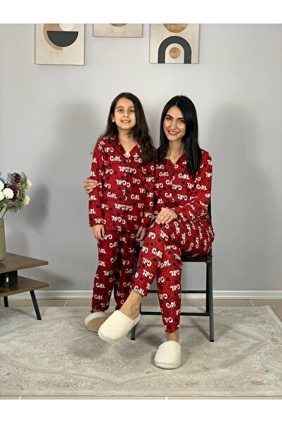 YusGos Mother Daughter Matching Outfit Front Buttoned Peter Pan collar 100% Cotton Girl Patterned Pajama Set (Red) Red XL
