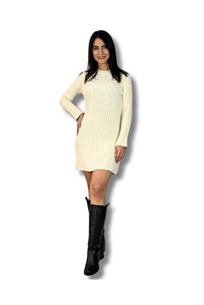 YusGos Kadın Mini Fitilli Kışlık Triko Elbise Krem XS