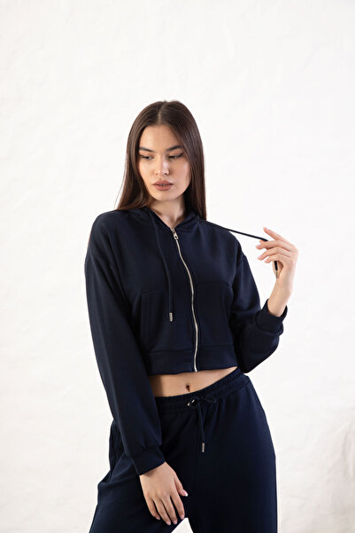 YusGos Women's Long Sleeve Zippered Modal Fabric Pocketed Hooded Crop Navy Blue S